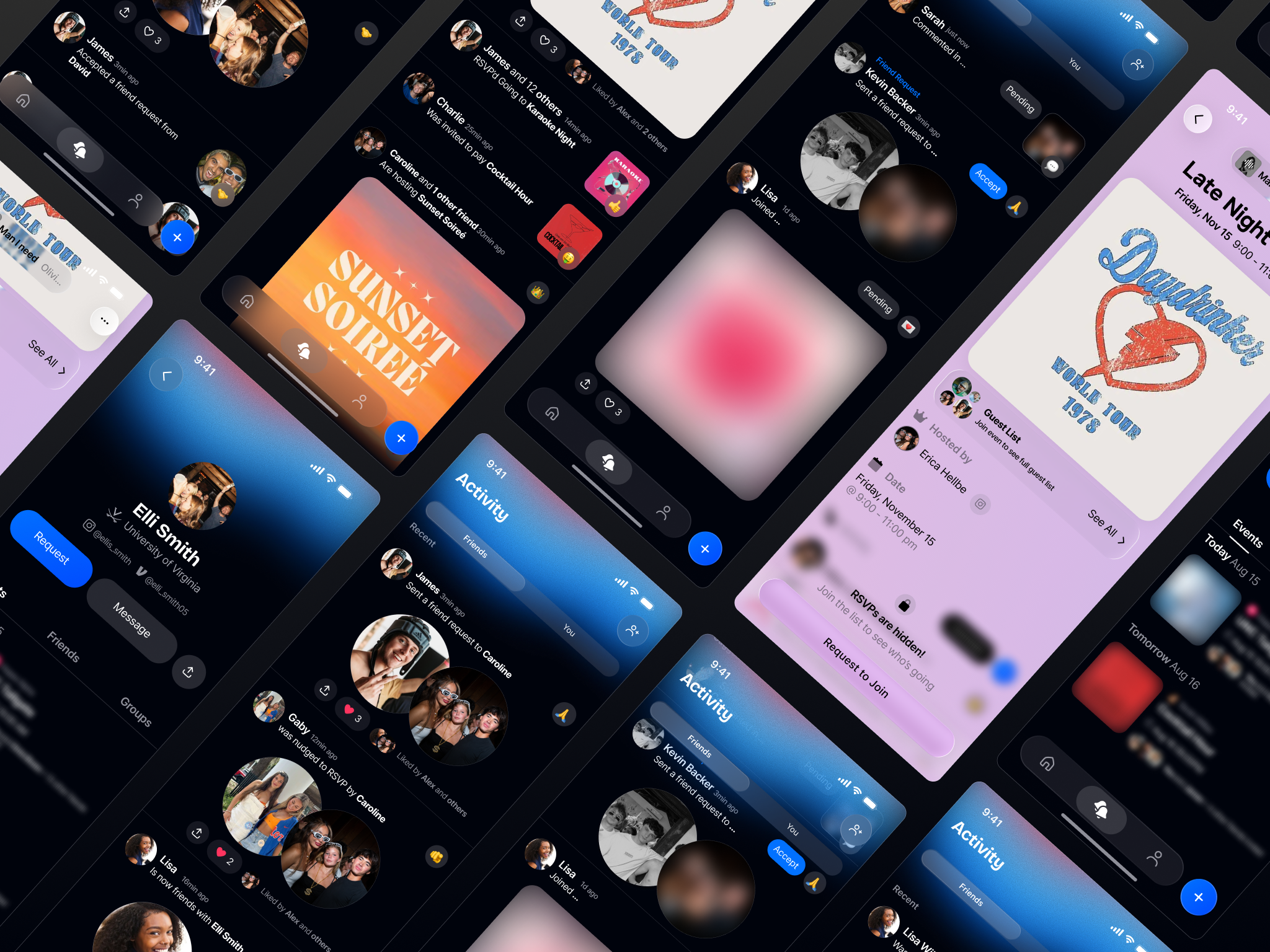 Final Friends Activity screens showing event discovery, friend requests, profiles and social activity