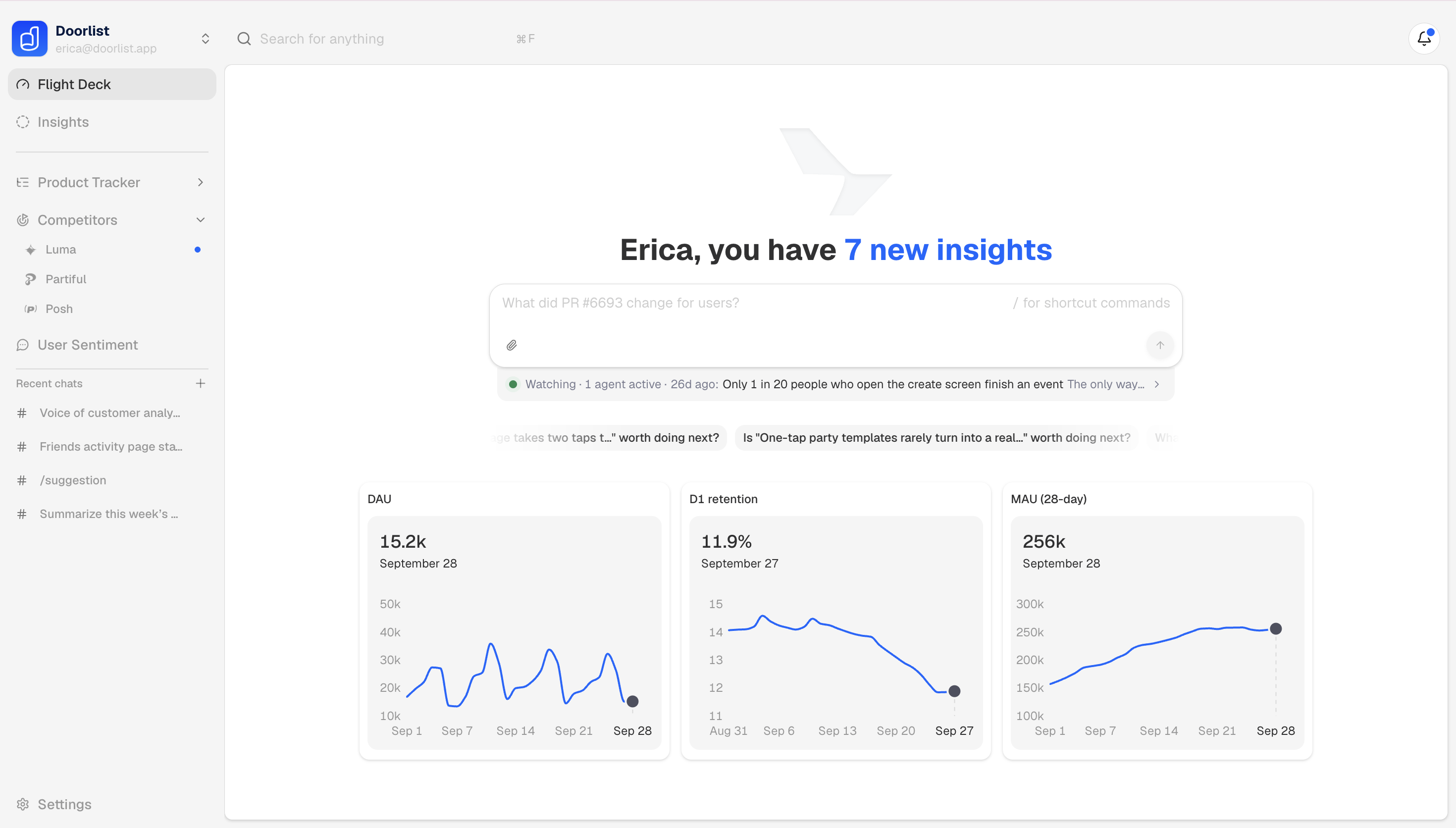 Pilot Flight Deck with a contextual question input, new insights and product metrics
