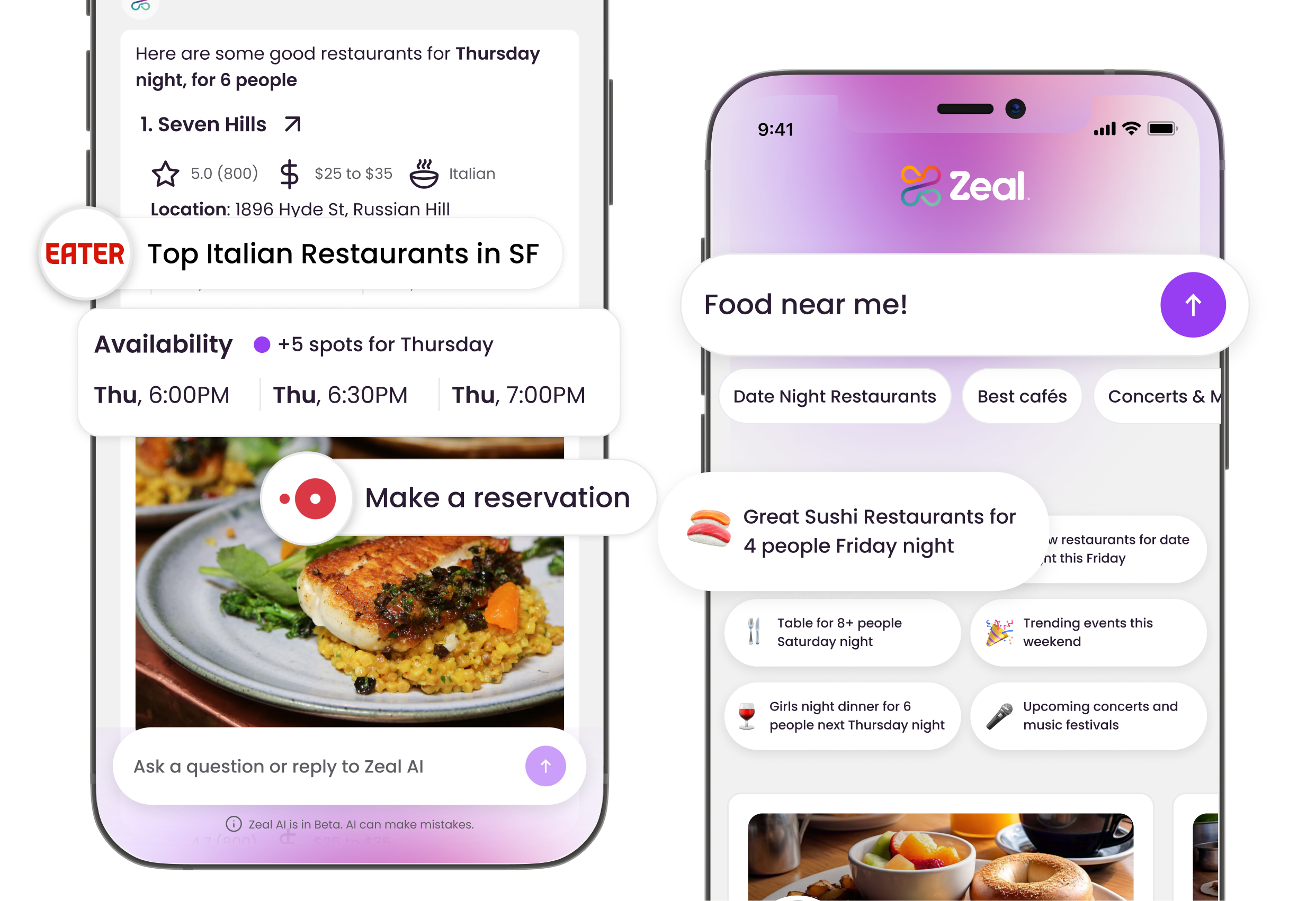 Zeal AI restaurant discovery and reservation screens
